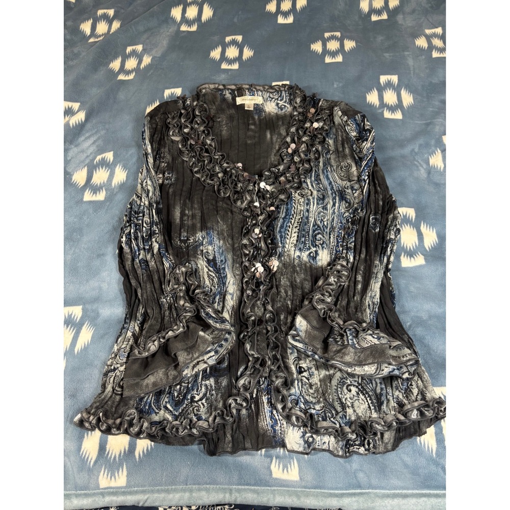 Dressbarn Womens XL Paisley Pleated Ruffle Sequin Button Front Blouse Blue Black